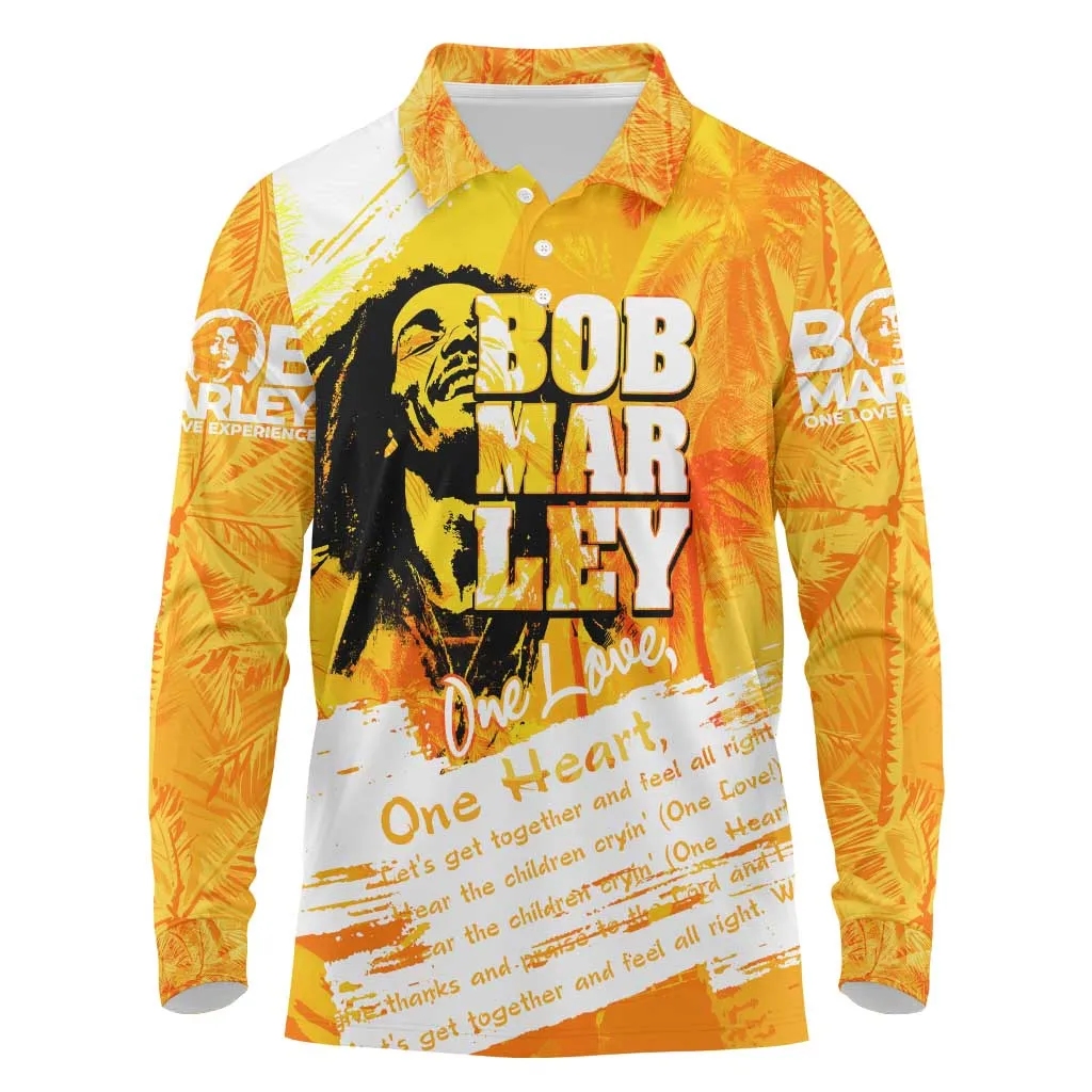 Legend Bob Reggae Afro Long Sleeve Polo Shirt One Love One Heart Tropical Leaf DT02