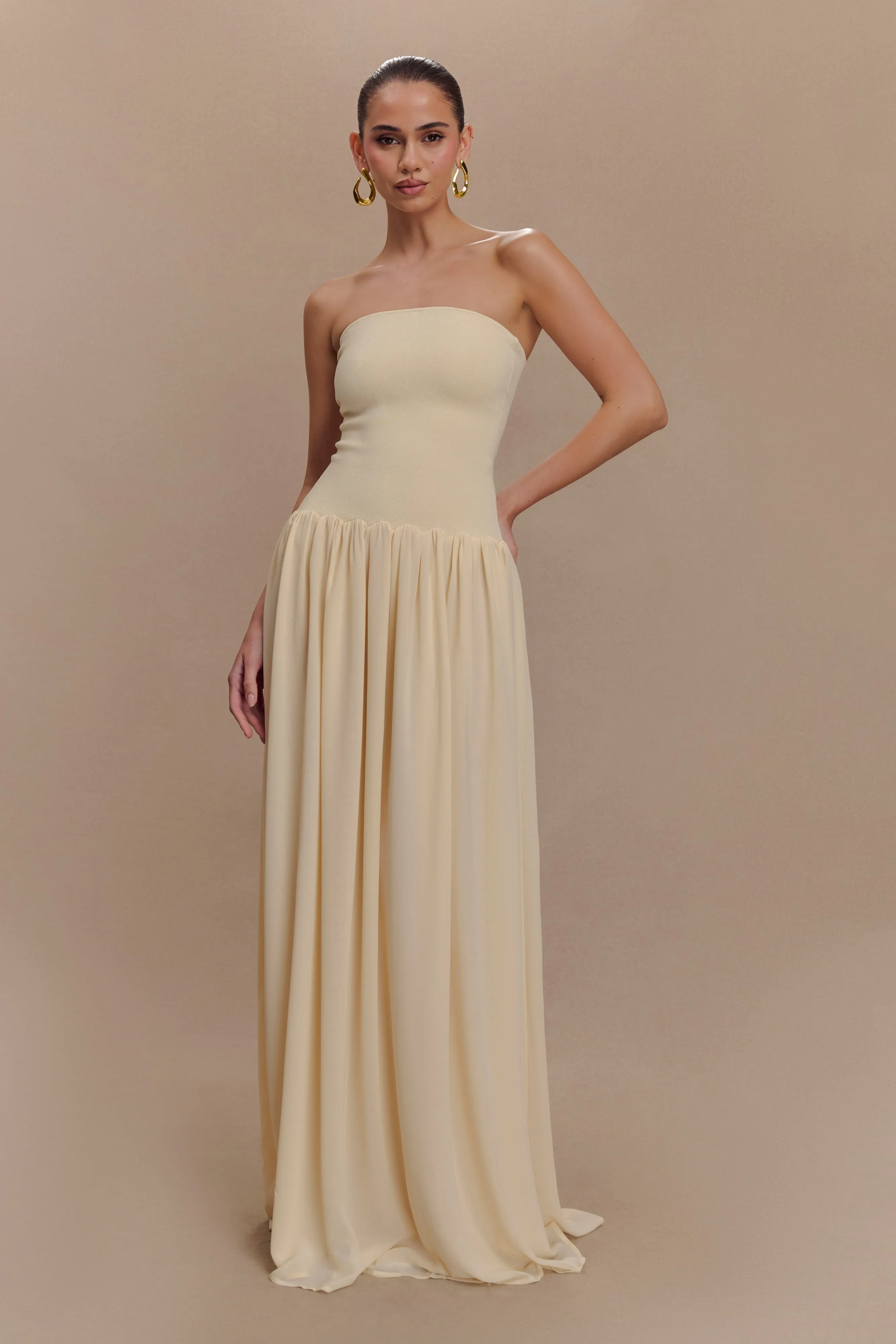 Lyanna Knit And Chiffon Strapless Maxi Dress - Cream