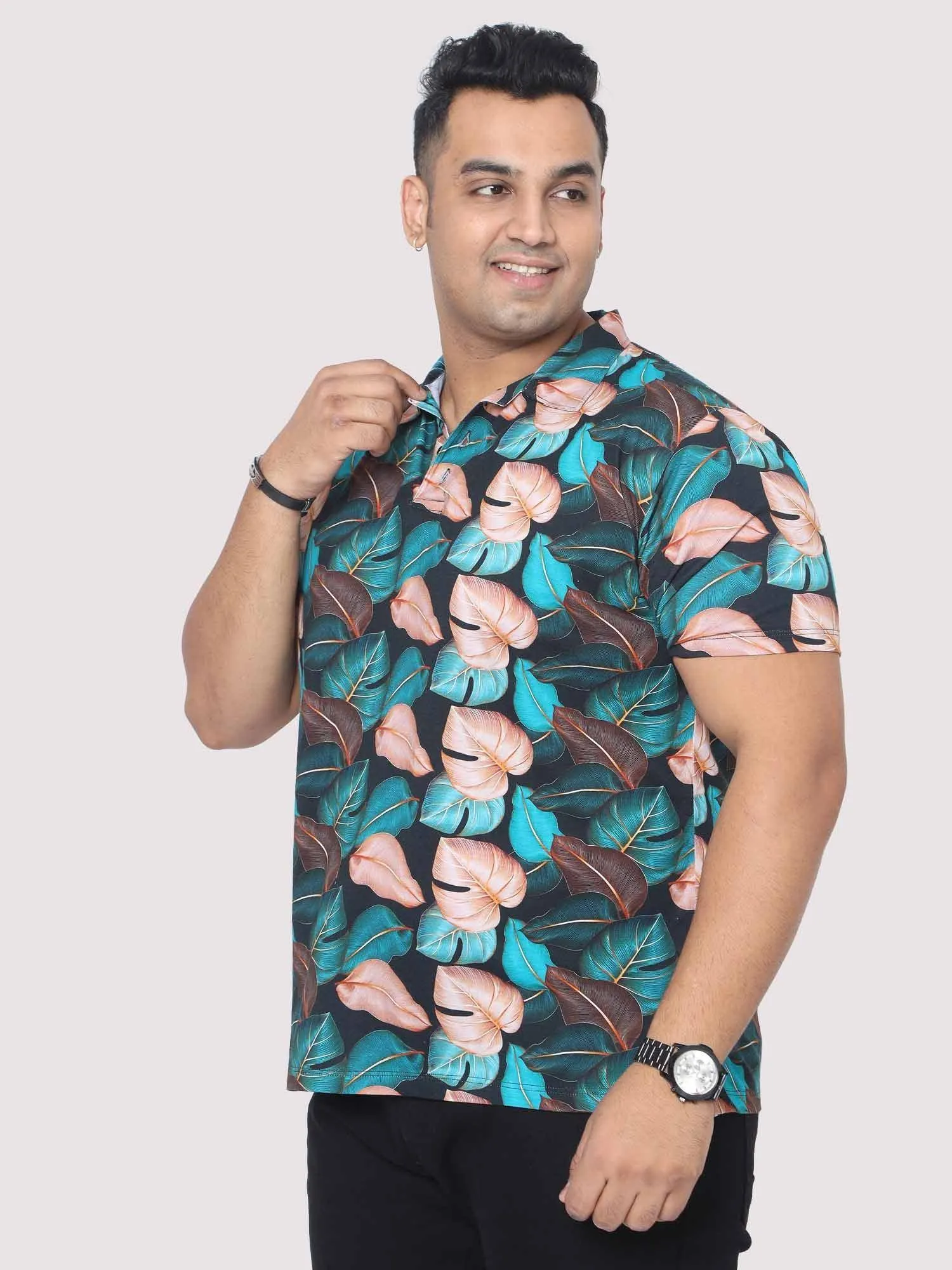 Men Plus Size Tropical Leaf Digital Printed Polo Collar T-shirt