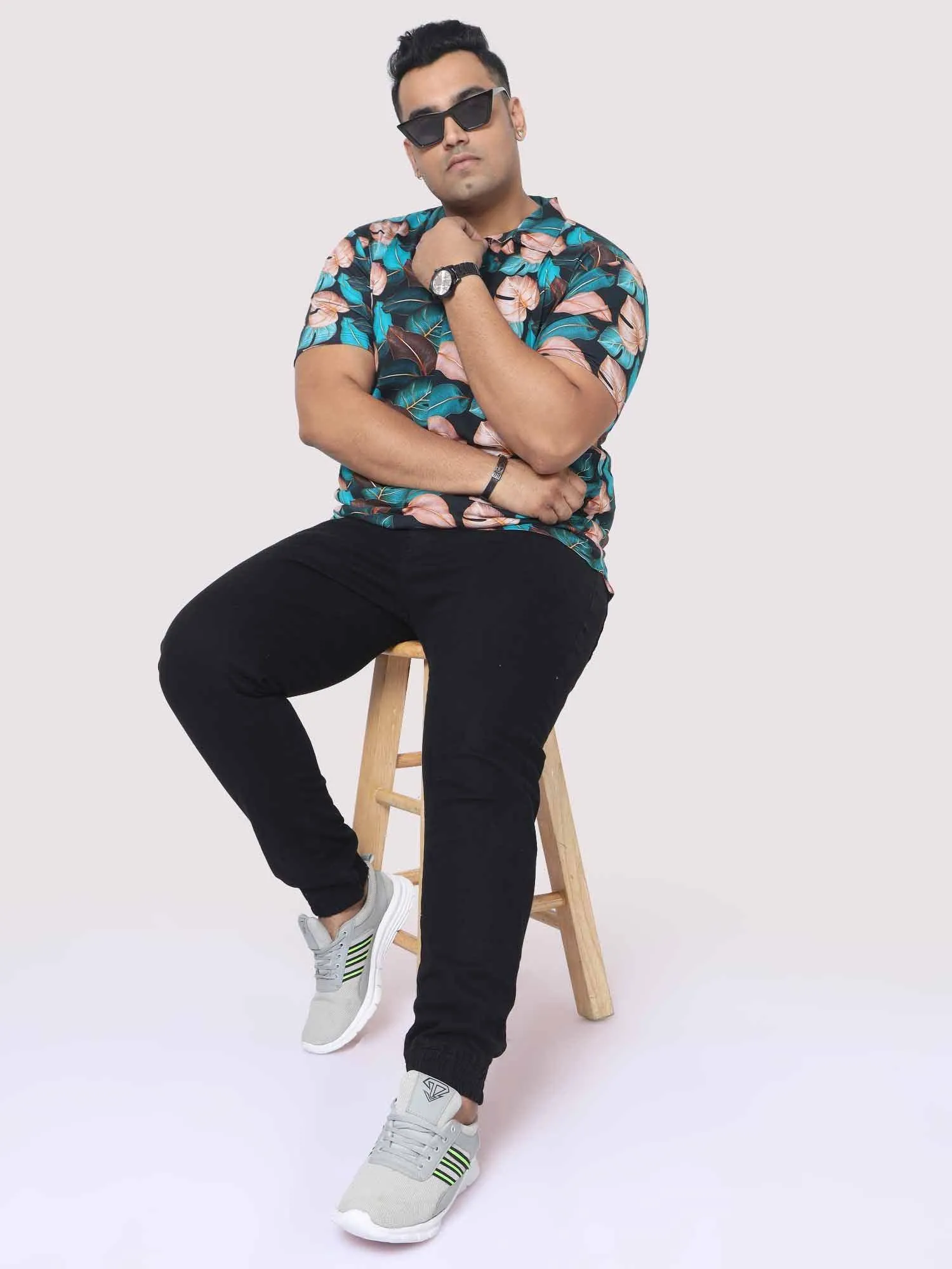 Men Plus Size Tropical Leaf Digital Printed Polo Collar T-shirt