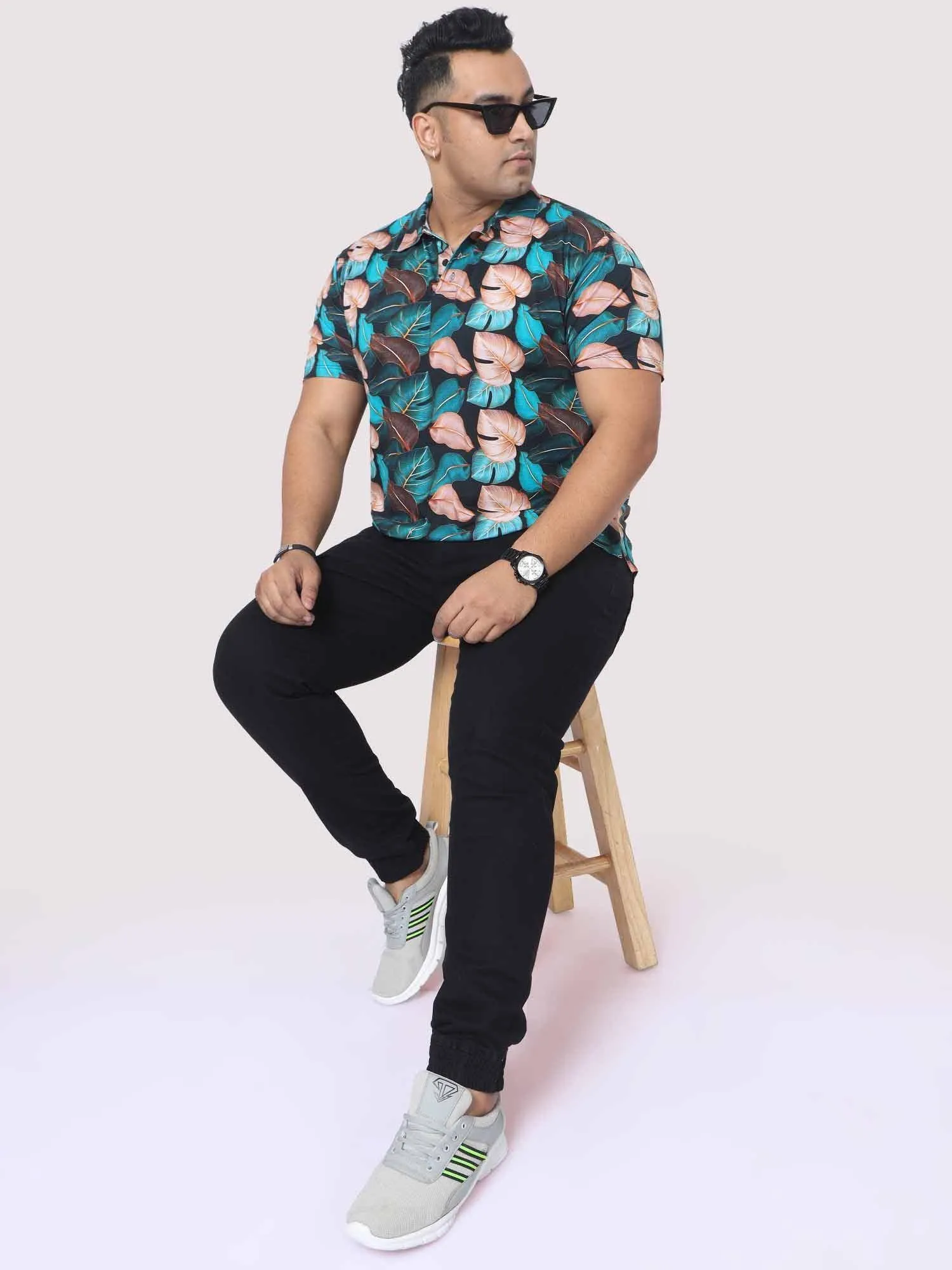 Men Plus Size Tropical Leaf Digital Printed Polo Collar T-shirt