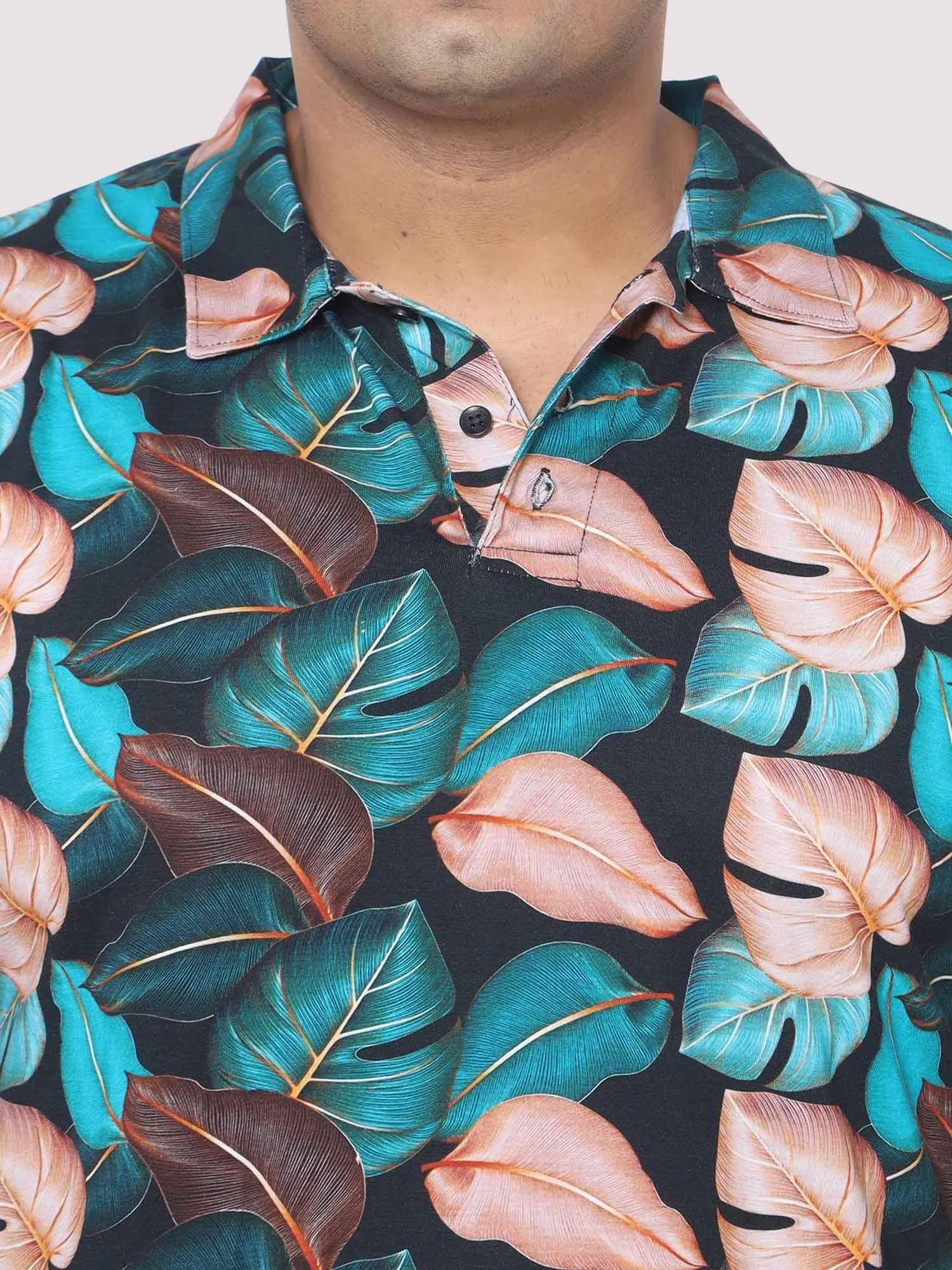 Men Plus Size Tropical Leaf Digital Printed Polo Collar T-shirt