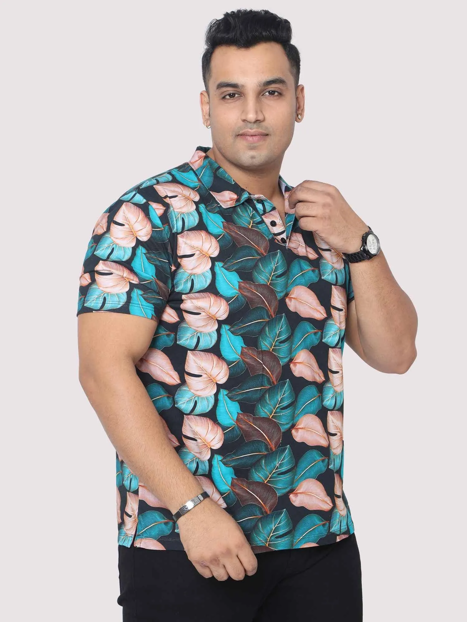 Men Plus Size Tropical Leaf Digital Printed Polo Collar T-shirt
