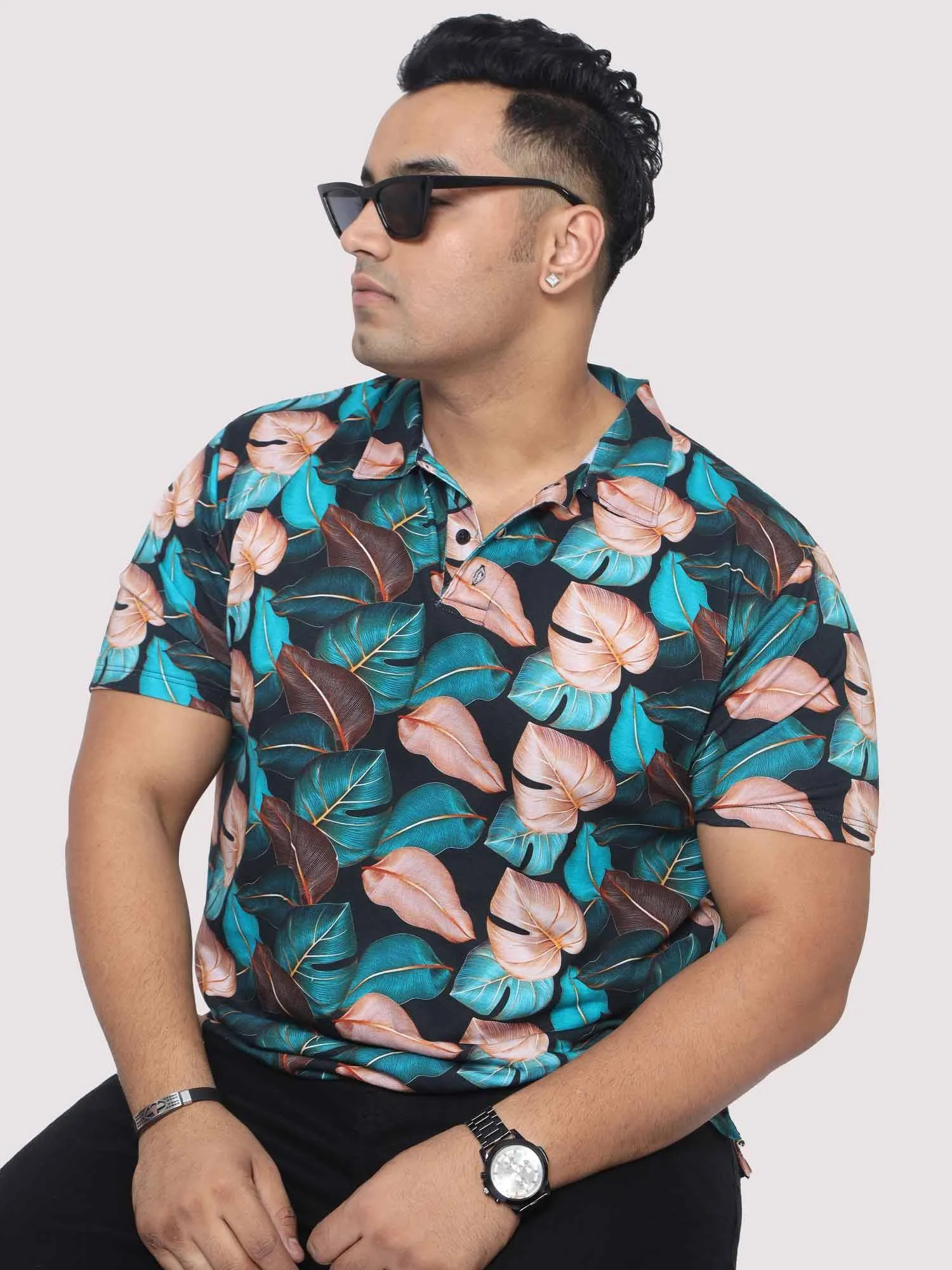 Men Plus Size Tropical Leaf Digital Printed Polo Collar T-shirt