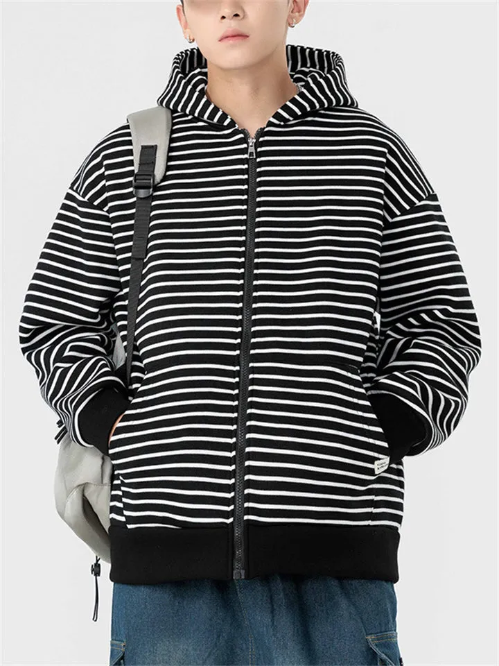 Men's Casual Zebra Stripes Plush Lining Zipper Hoodies