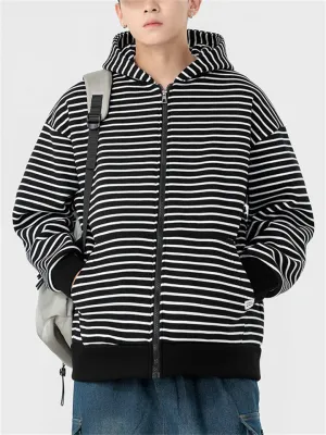 Men's Casual Zebra Stripes Plush Lining Zipper Hoodies