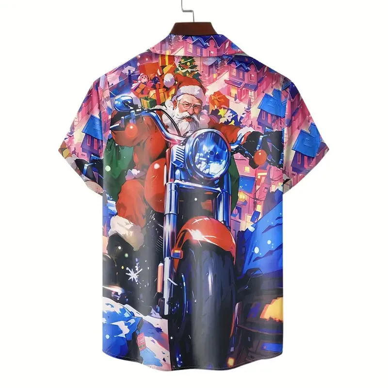 Men's Festive Santa Claus Motorcycle Print Casual Shirt
