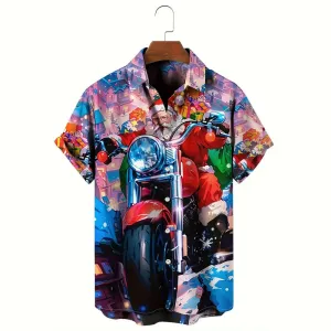 Men's Festive Santa Claus Motorcycle Print Casual Shirt