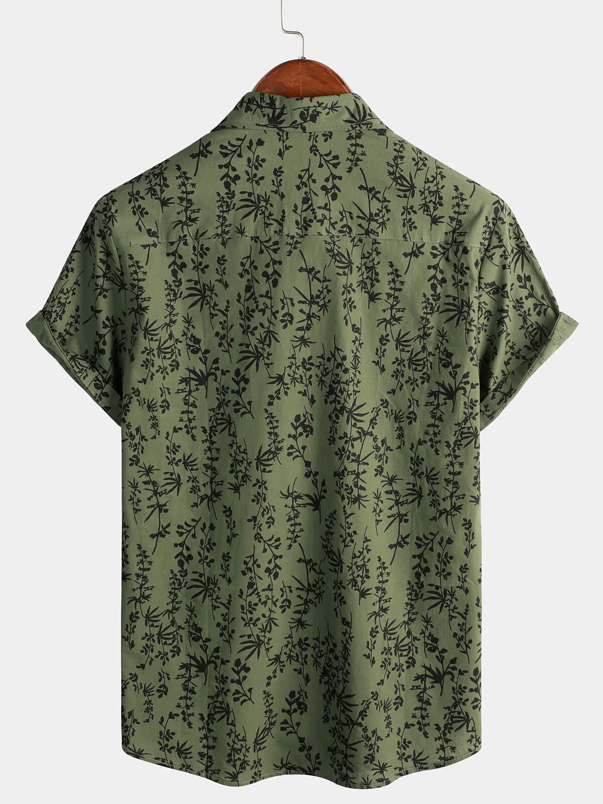 Men's Green Cotton Hawaiian Summer Vintage Floral Holiday Cruise Short Sleeve Button Up Shirt