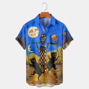 Men's Halloween Black Cat Printed Shirt