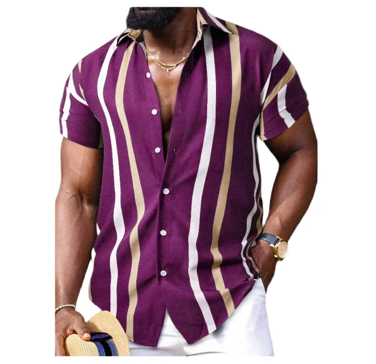 Men’s Hawaiian Shirt – Short Sleeve Striped Patchwork Lapel Design, Comfortable and Stylish Summer Fashion