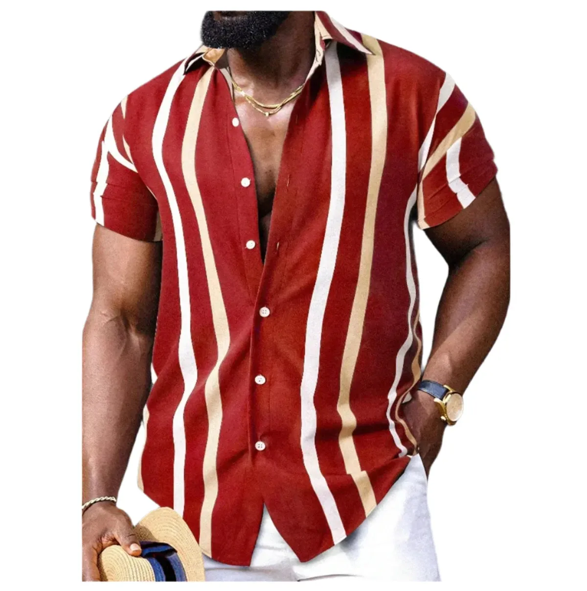 Men’s Hawaiian Shirt – Short Sleeve Striped Patchwork Lapel Design, Comfortable and Stylish Summer Fashion