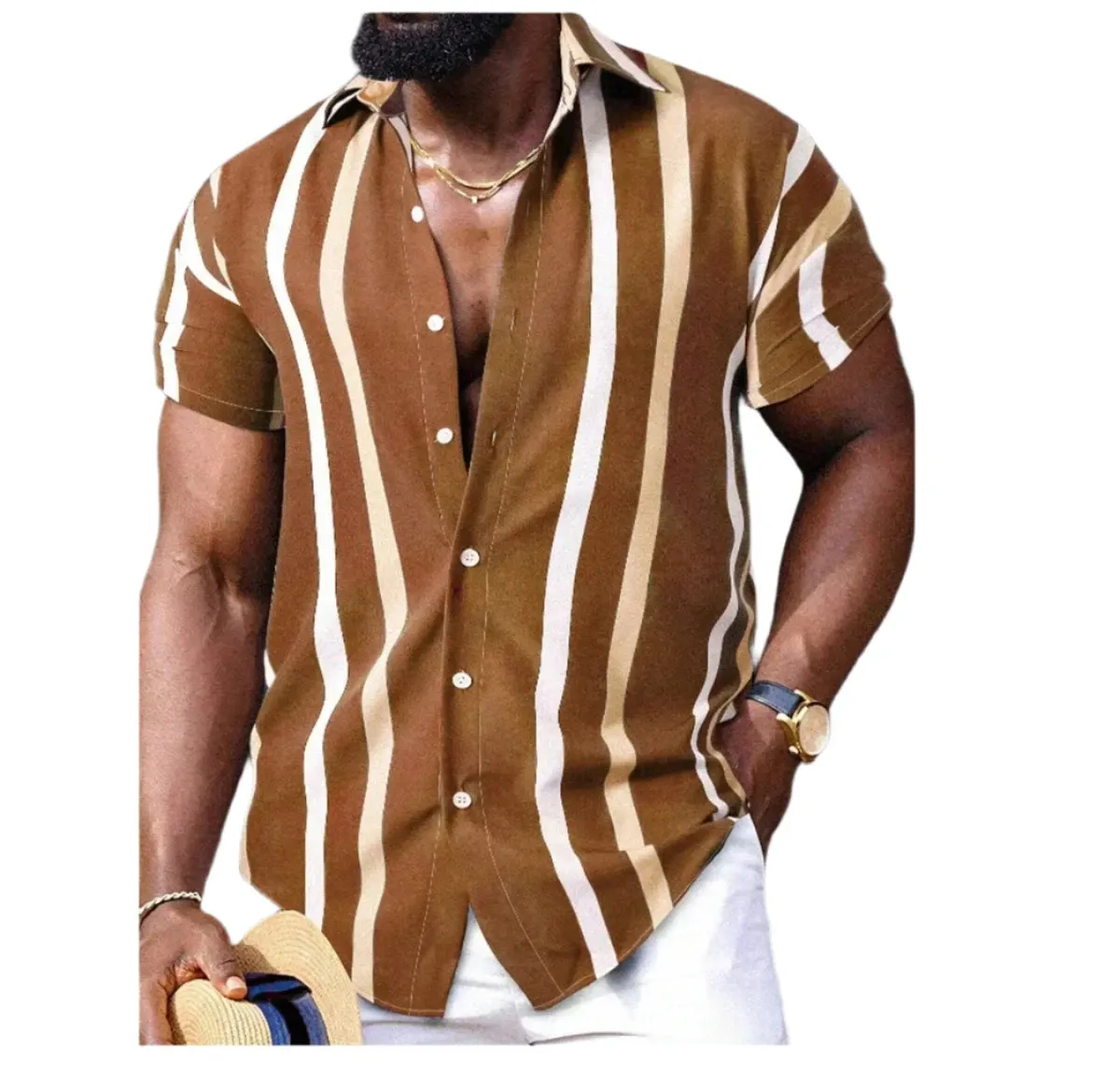 Men’s Hawaiian Shirt – Short Sleeve Striped Patchwork Lapel Design, Comfortable and Stylish Summer Fashion