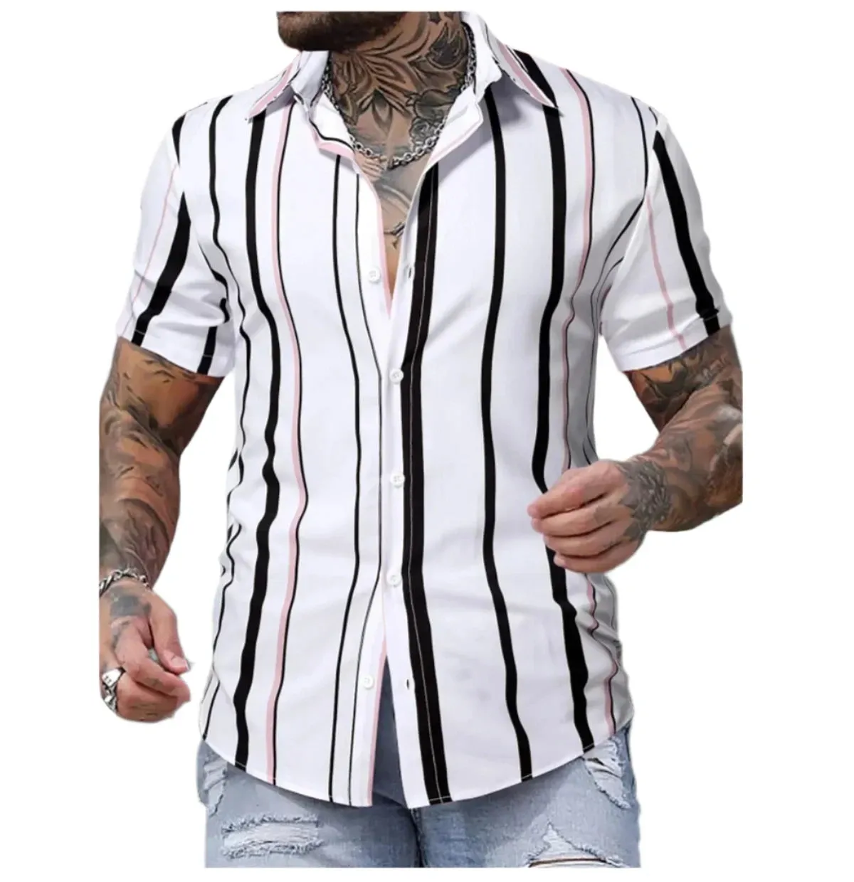 Men’s Hawaiian Shirt – Short Sleeve Striped Patchwork Lapel Design, Comfortable and Stylish Summer Fashion