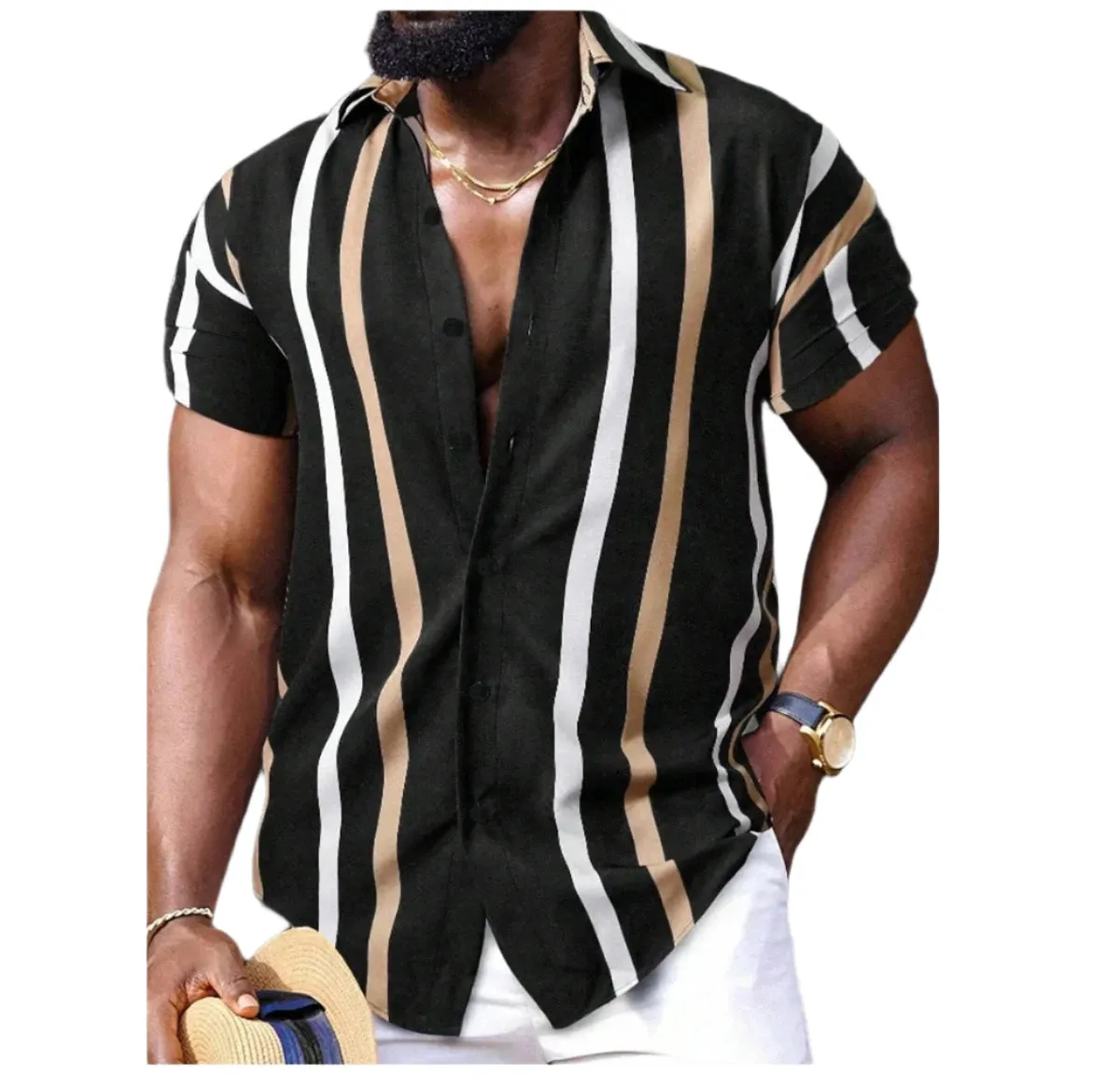 Men’s Hawaiian Shirt – Short Sleeve Striped Patchwork Lapel Design, Comfortable and Stylish Summer Fashion
