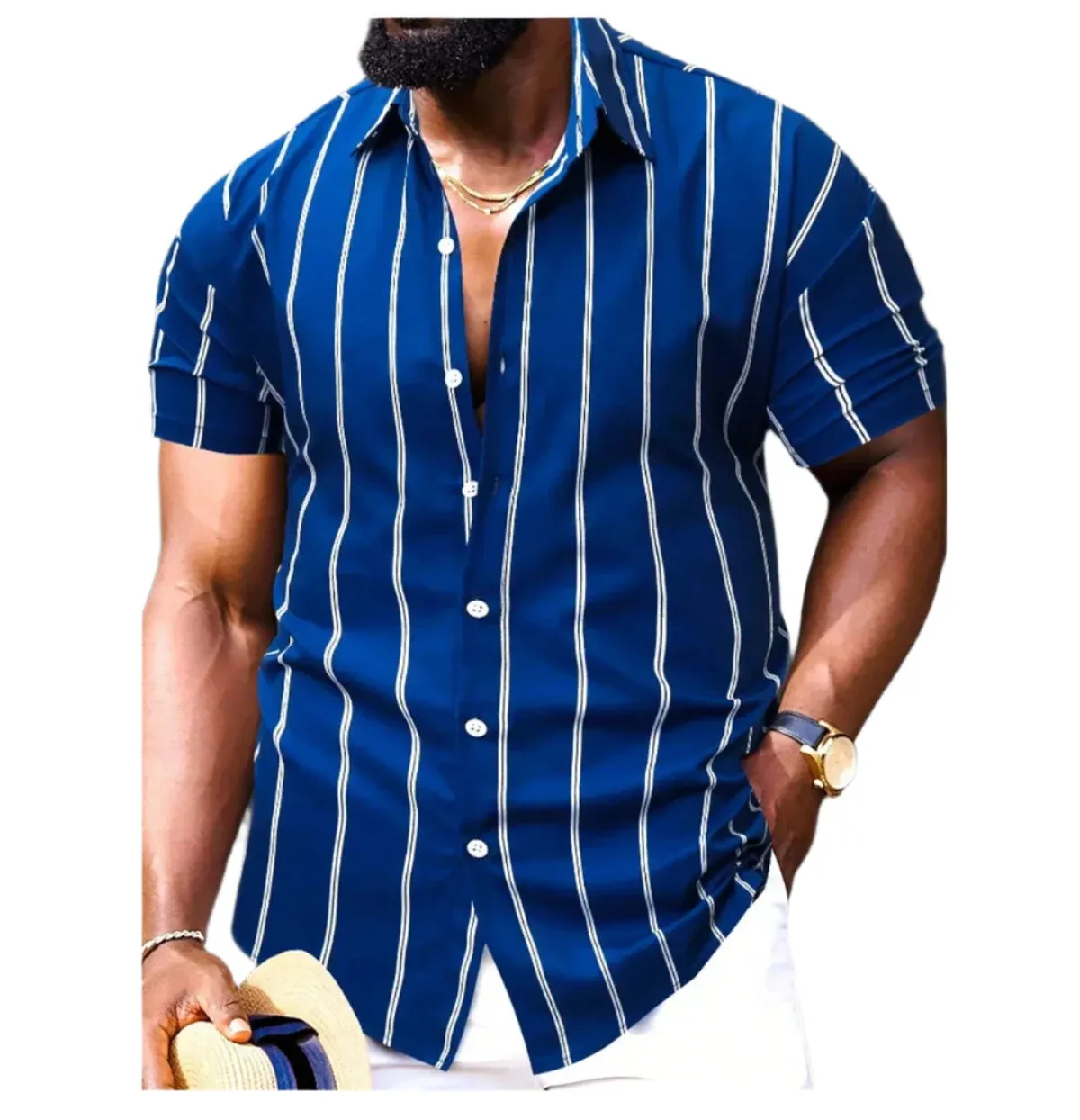 Men’s Hawaiian Shirt – Short Sleeve Striped Patchwork Lapel Design, Comfortable and Stylish Summer Fashion