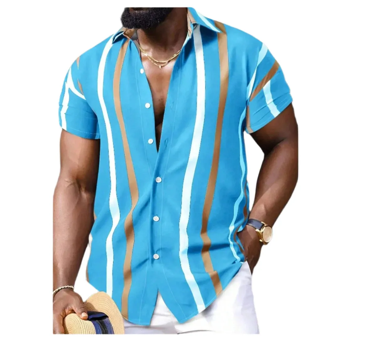 Men’s Hawaiian Shirt – Short Sleeve Striped Patchwork Lapel Design, Comfortable and Stylish Summer Fashion