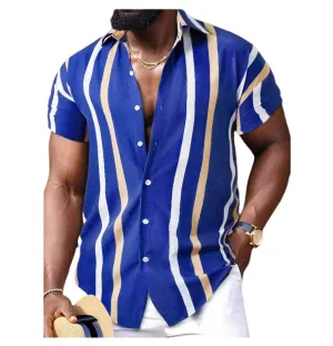Men’s Hawaiian Shirt – Short Sleeve Striped Patchwork Lapel Design, Comfortable and Stylish Summer Fashion