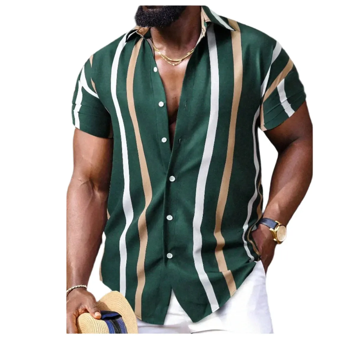 Men’s Hawaiian Shirt – Short Sleeve Striped Patchwork Lapel Design, Comfortable and Stylish Summer Fashion