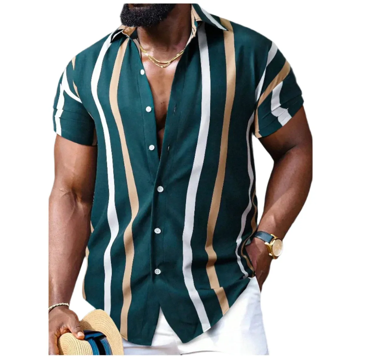 Men’s Hawaiian Shirt – Short Sleeve Striped Patchwork Lapel Design, Comfortable and Stylish Summer Fashion