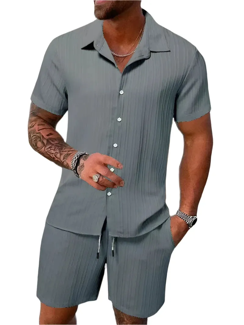 Men's Lightweight & Breathable Casual Beach Set – Striped and Solid Short Sleeve Shirt with Shorts