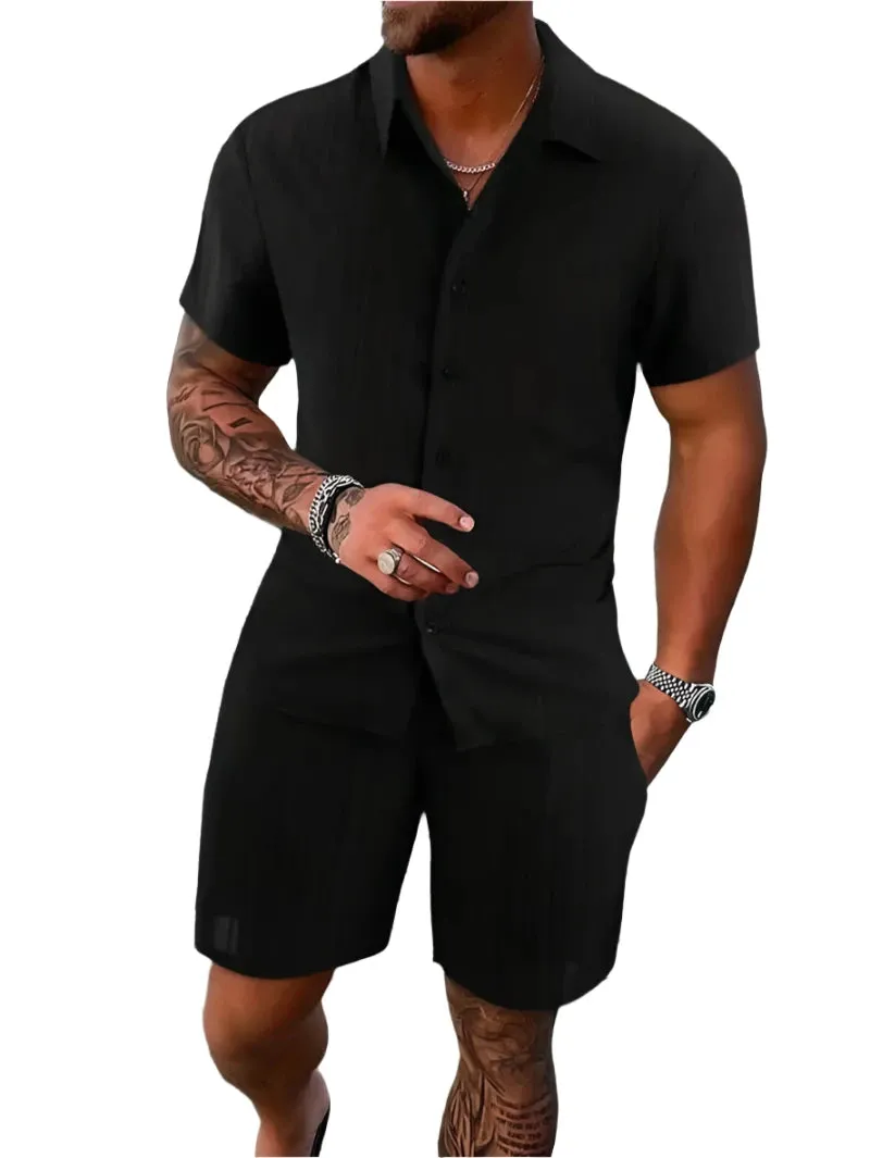 Men's Lightweight & Breathable Casual Beach Set – Striped and Solid Short Sleeve Shirt with Shorts