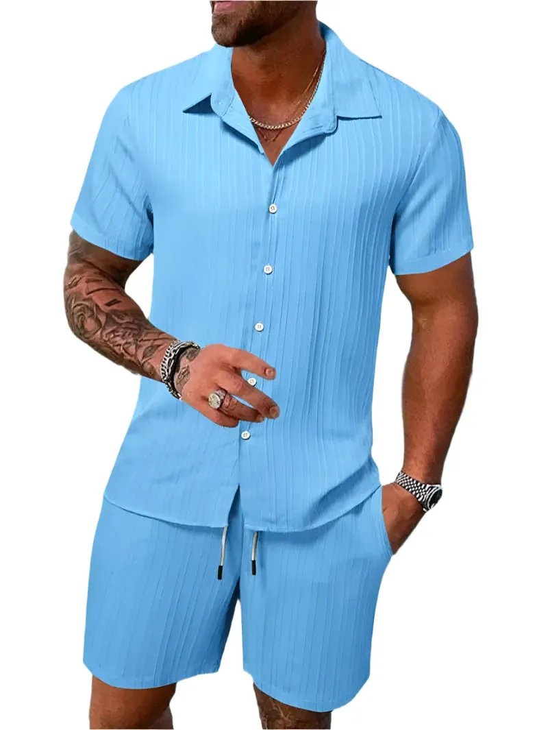 Men's Lightweight & Breathable Casual Beach Set – Striped and Solid Short Sleeve Shirt with Shorts