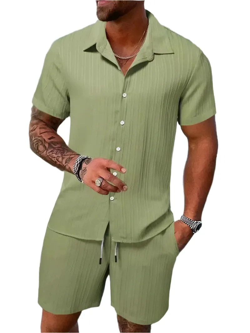 Men's Lightweight & Breathable Casual Beach Set – Striped and Solid Short Sleeve Shirt with Shorts