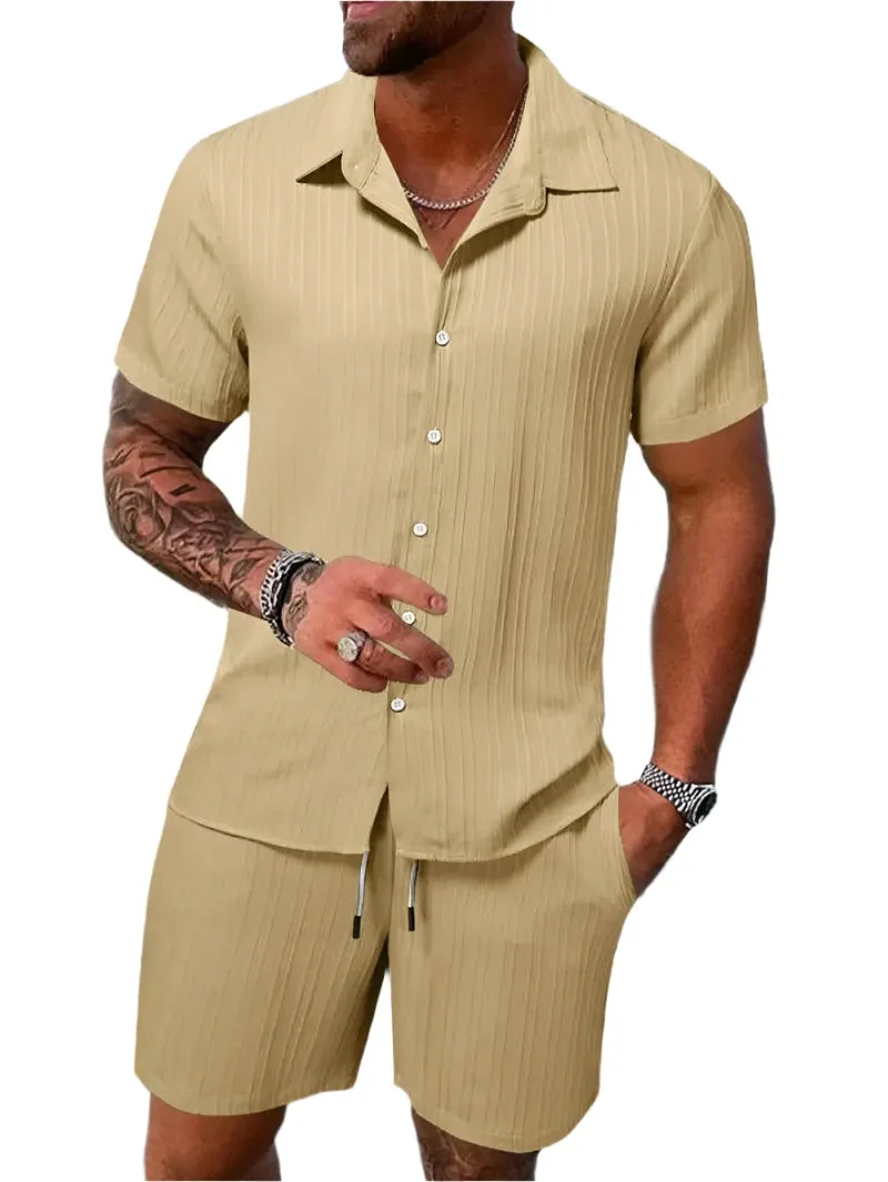 Men's Lightweight & Breathable Casual Beach Set – Striped and Solid Short Sleeve Shirt with Shorts