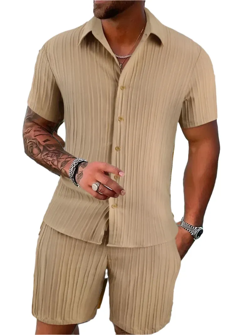 Men's Lightweight & Breathable Casual Beach Set – Striped and Solid Short Sleeve Shirt with Shorts