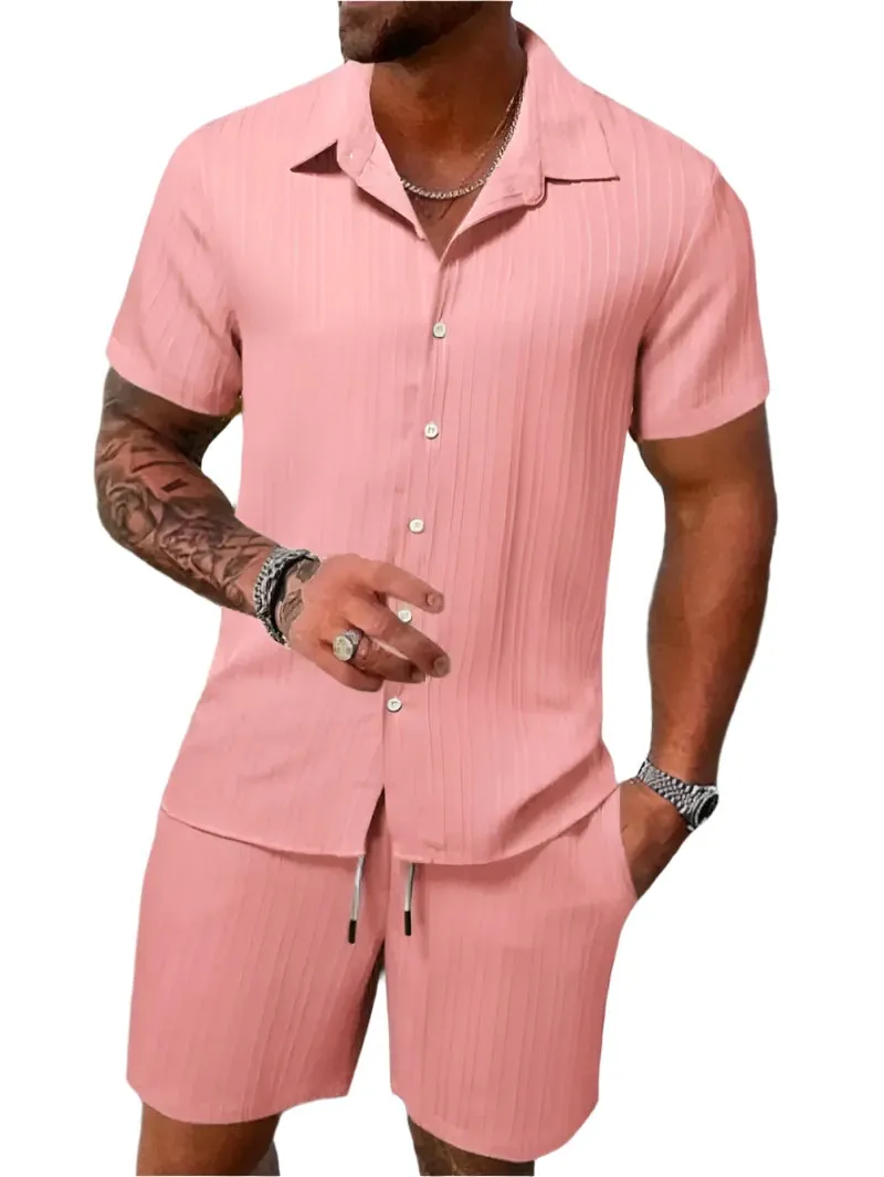 Men's Lightweight & Breathable Casual Beach Set – Striped and Solid Short Sleeve Shirt with Shorts