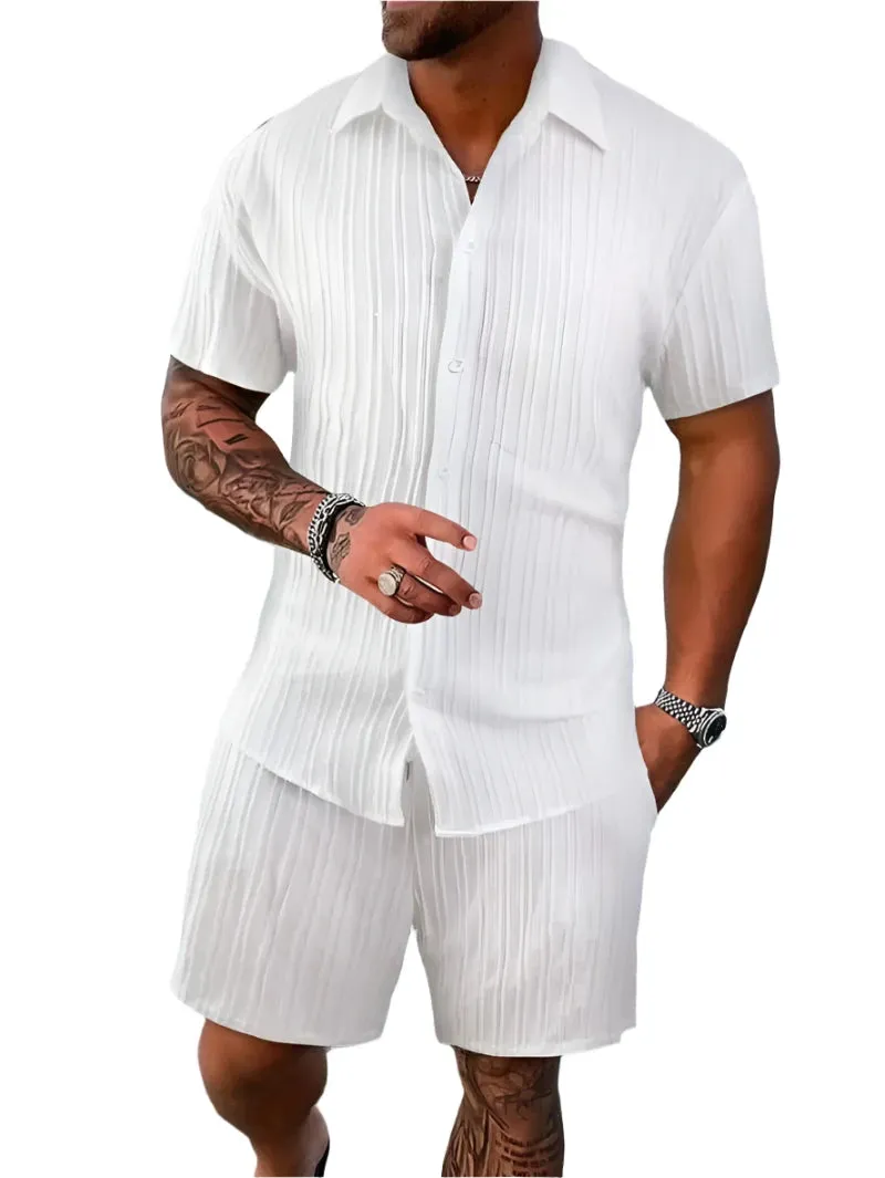 Men's Lightweight & Breathable Casual Beach Set – Striped and Solid Short Sleeve Shirt with Shorts