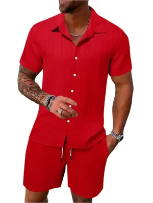Men's Lightweight & Breathable Casual Beach Set – Striped and Solid Short Sleeve Shirt with Shorts