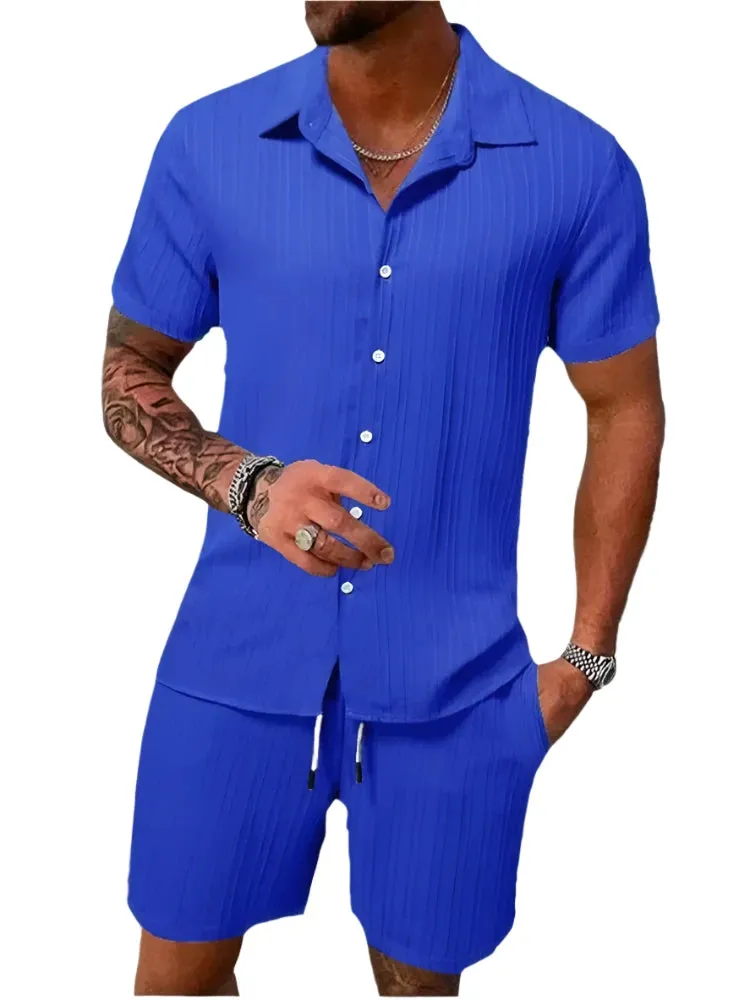 Men's Lightweight & Breathable Casual Beach Set – Striped and Solid Short Sleeve Shirt with Shorts