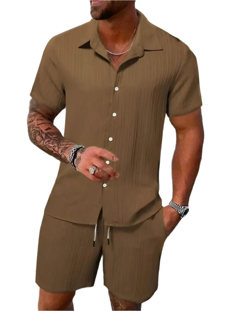 Men's Lightweight & Breathable Casual Beach Set – Striped and Solid Short Sleeve Shirt with Shorts