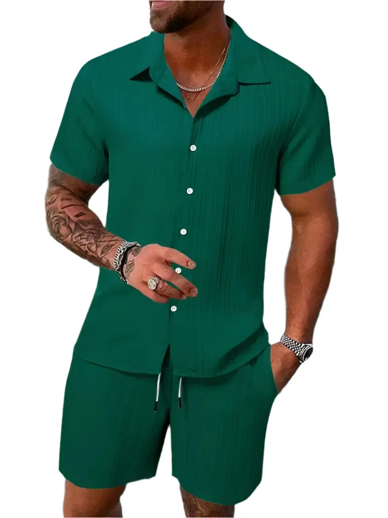 Men's Lightweight & Breathable Casual Beach Set – Striped and Solid Short Sleeve Shirt with Shorts