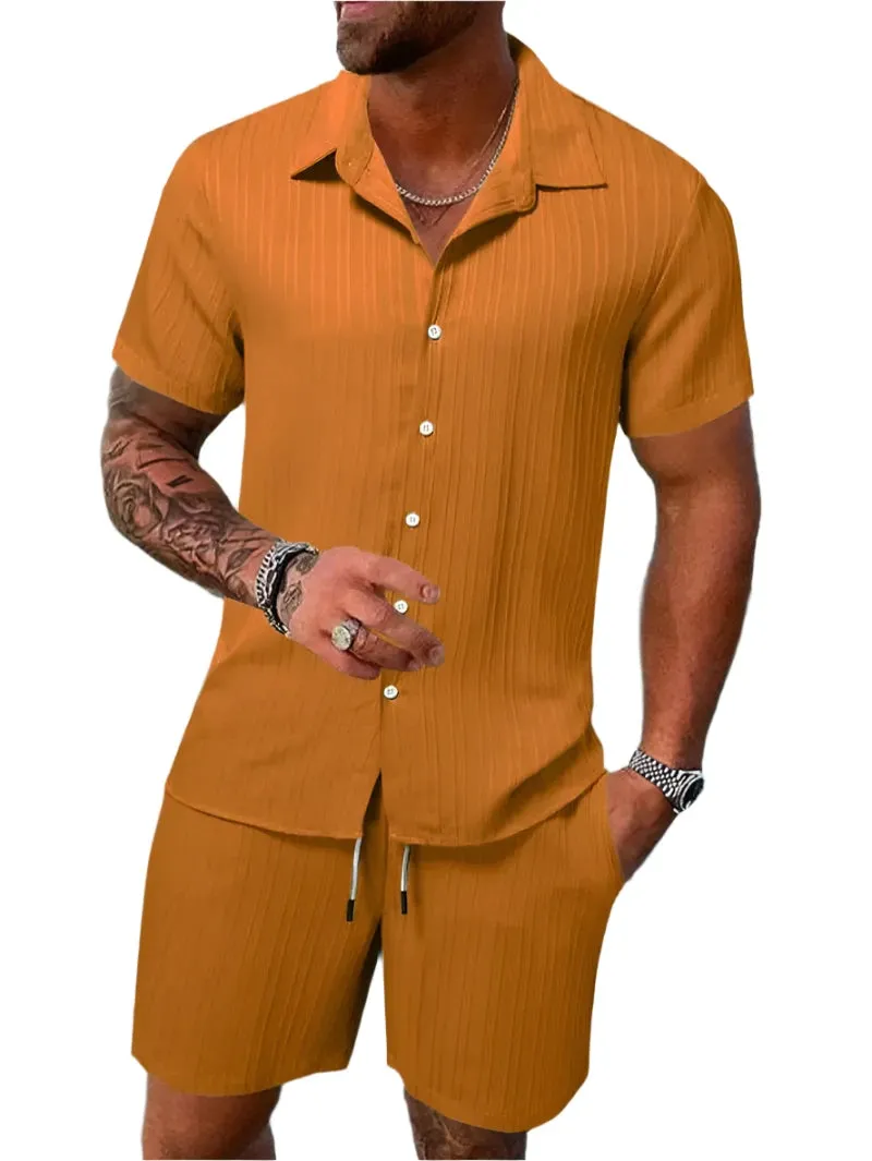 Men's Lightweight & Breathable Casual Beach Set – Striped and Solid Short Sleeve Shirt with Shorts