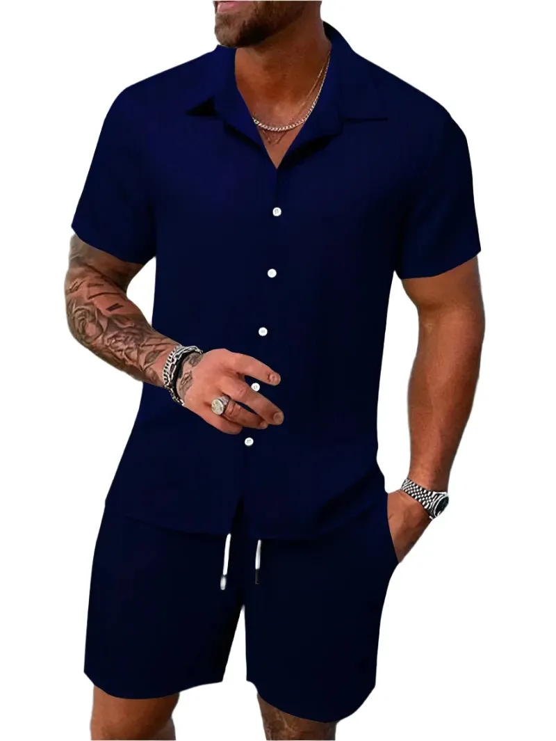 Men's Lightweight & Breathable Casual Beach Set – Striped and Solid Short Sleeve Shirt with Shorts