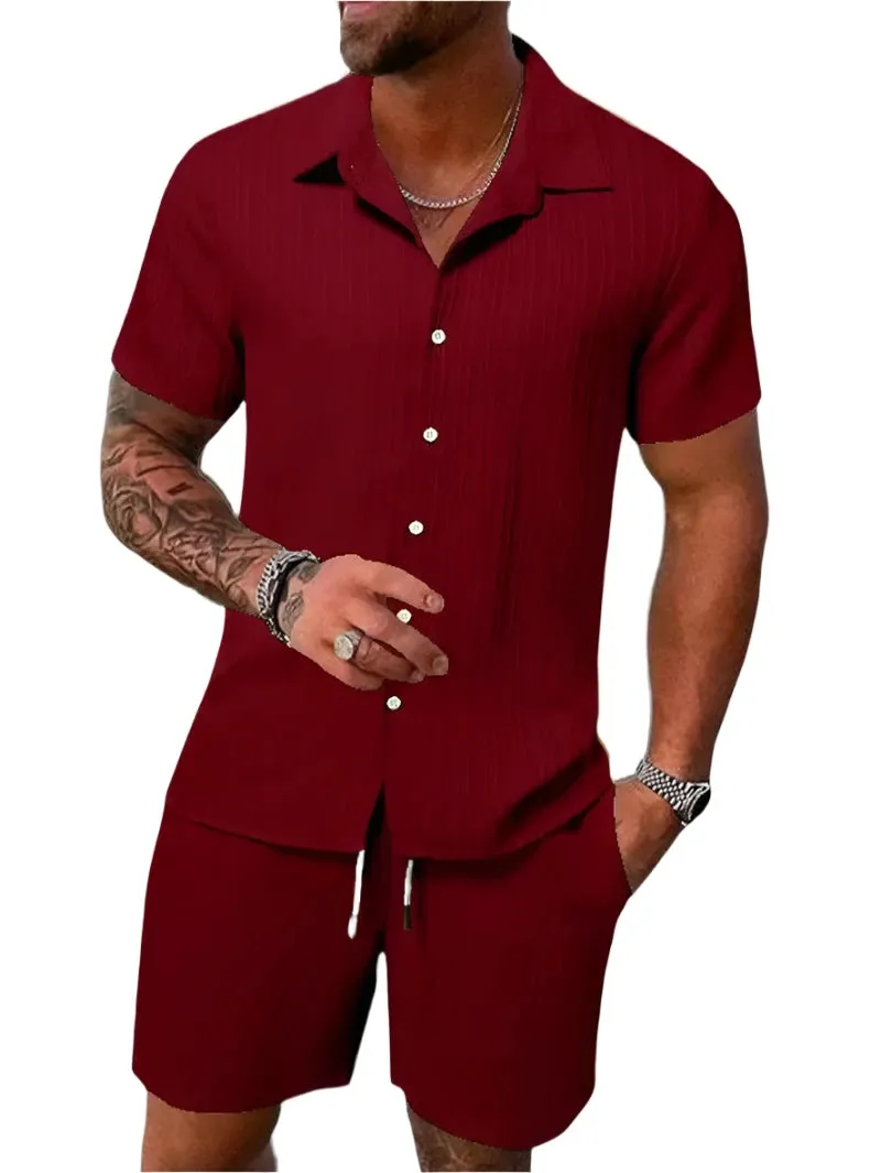 Men's Lightweight & Breathable Casual Beach Set – Striped and Solid Short Sleeve Shirt with Shorts