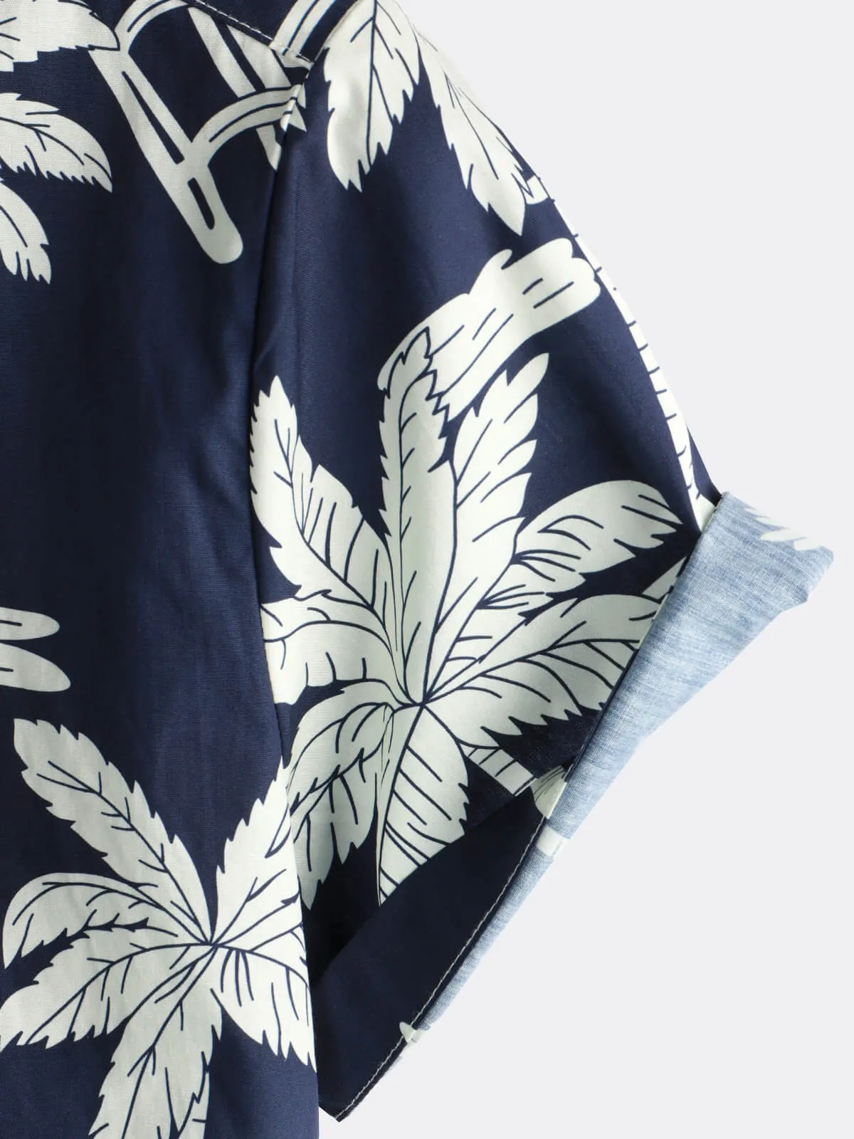 Men's Palm Tree Print Cotton Navy Blue Button Up Holiday Short Sleeve Hawaiian Shirt