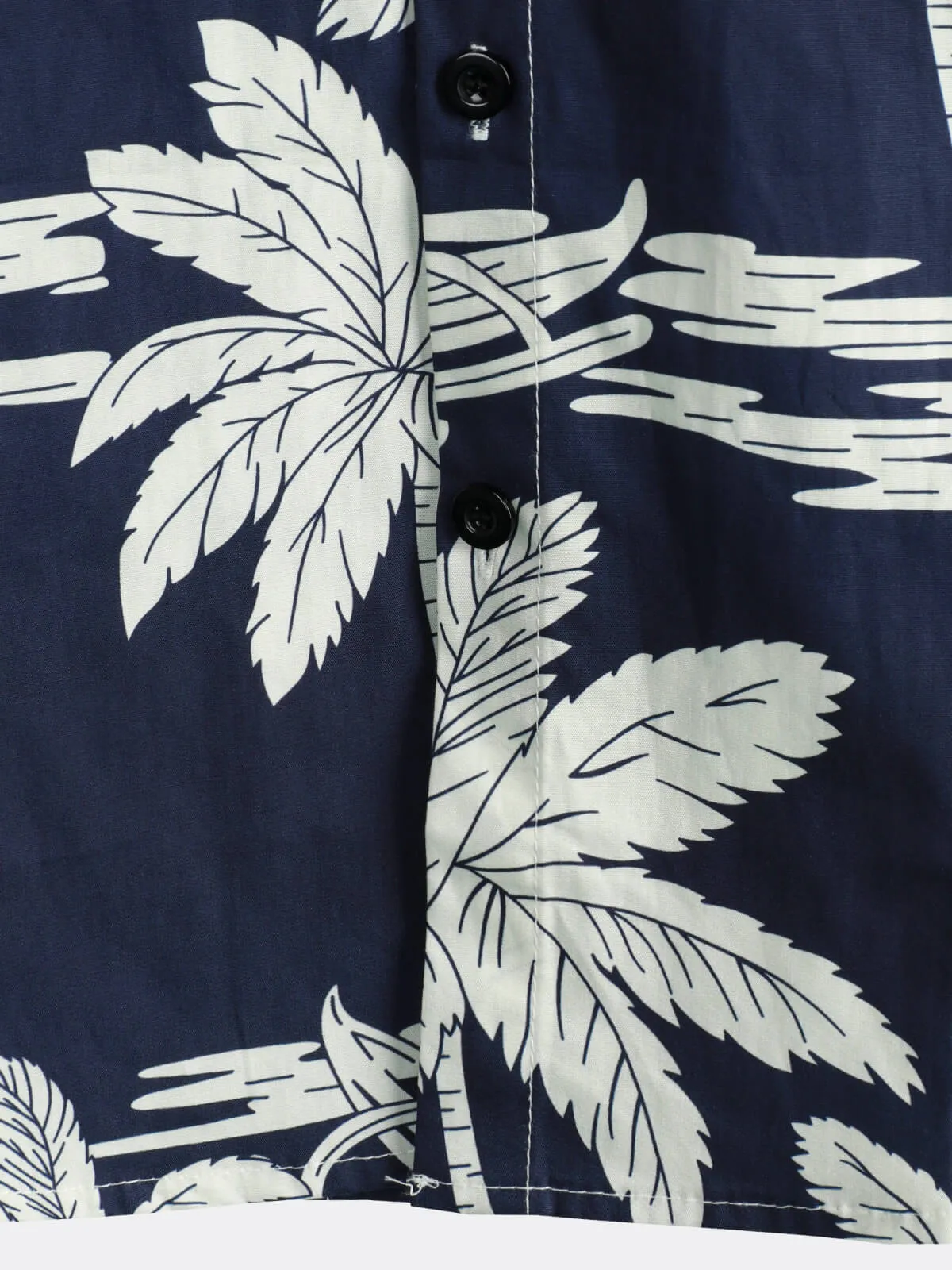 Men's Palm Tree Print Cotton Navy Blue Button Up Holiday Short Sleeve Hawaiian Shirt