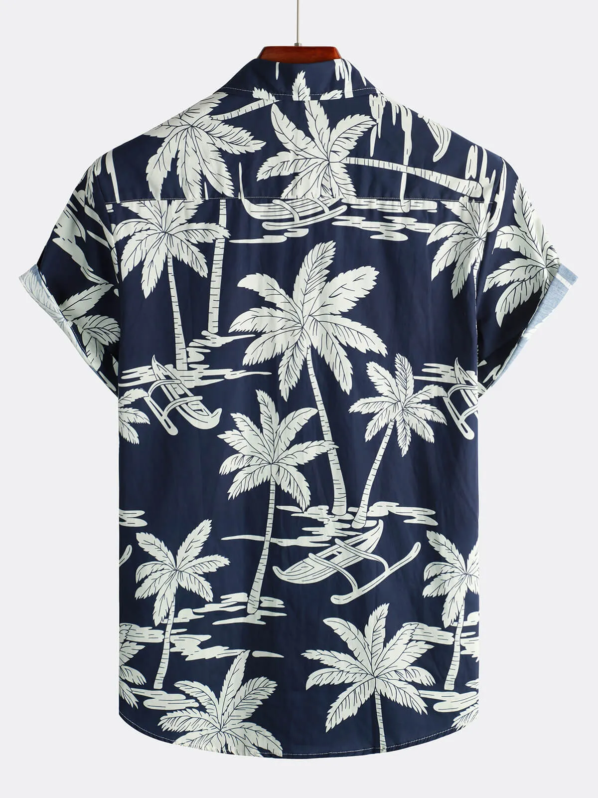 Men's Palm Tree Print Cotton Navy Blue Button Up Holiday Short Sleeve Hawaiian Shirt