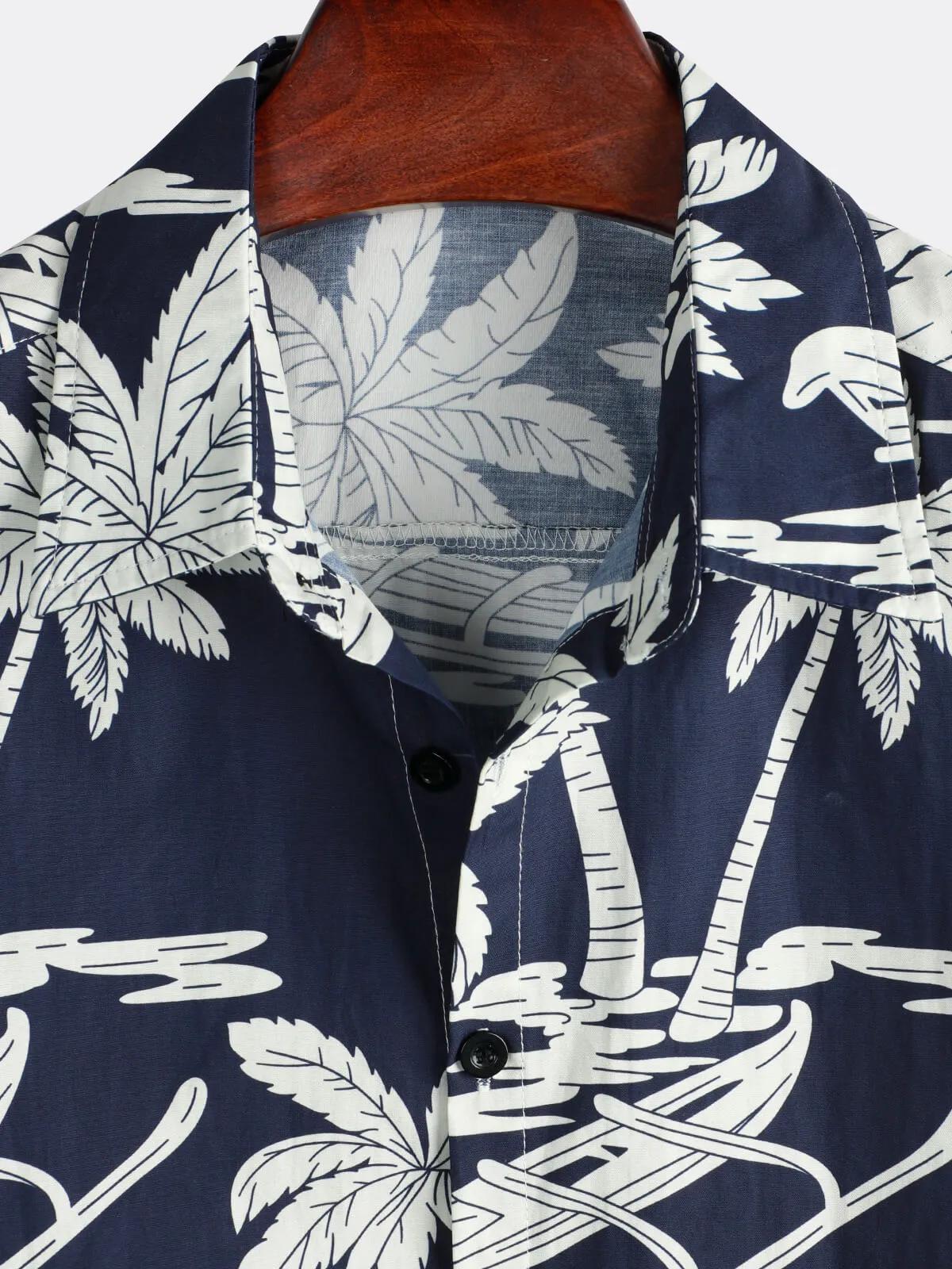 Men's Palm Tree Print Cotton Navy Blue Button Up Holiday Short Sleeve Hawaiian Shirt