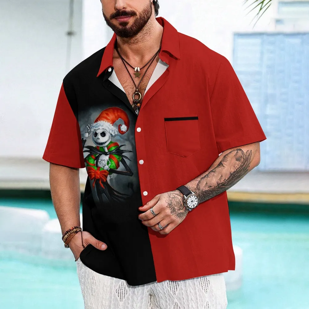 Men's Skull Abstract Christmas Printed Short Sleeve Shirt 2410000521