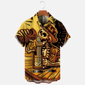 Men's Tiki Drunken Skull Printed Short Sleeve Shirt