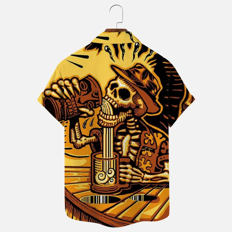 Men's Tiki Drunken Skull Printed Short Sleeve Shirt