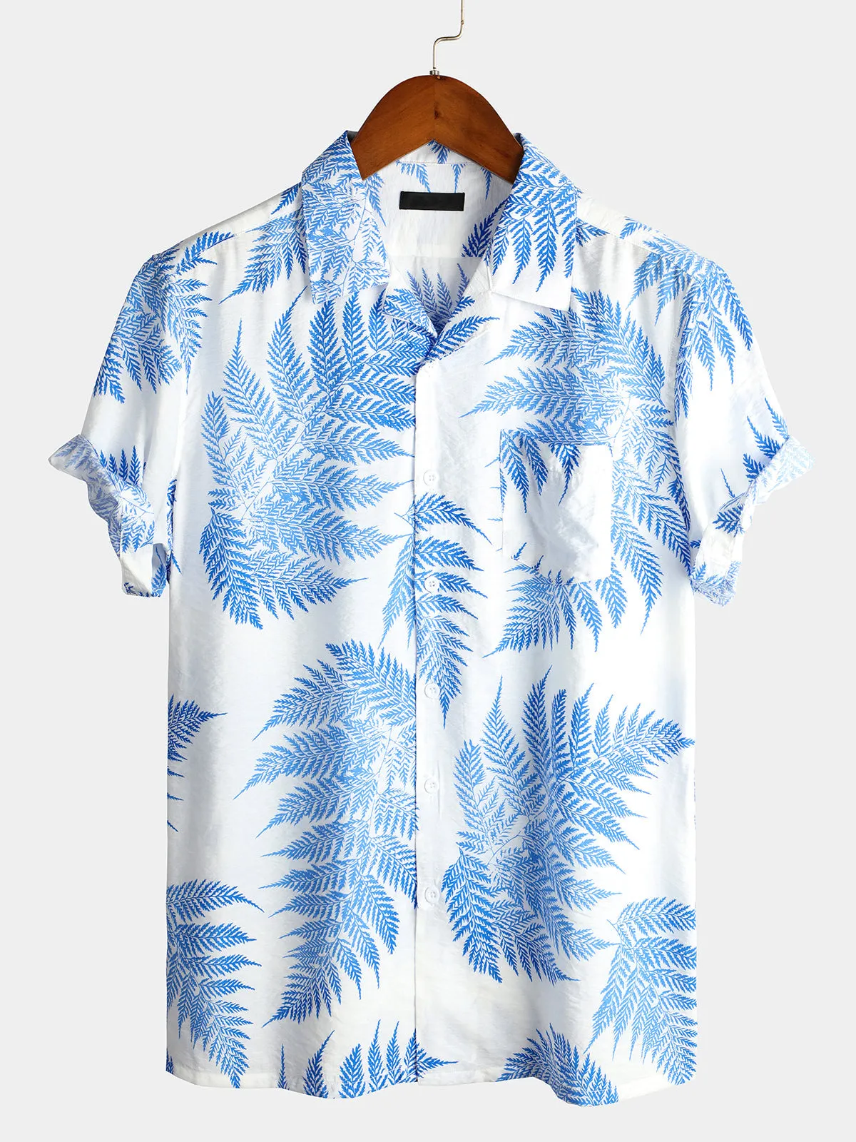 Men's Tropical Leaf Print Hawaiian Pocket Short Sleeve Shirt