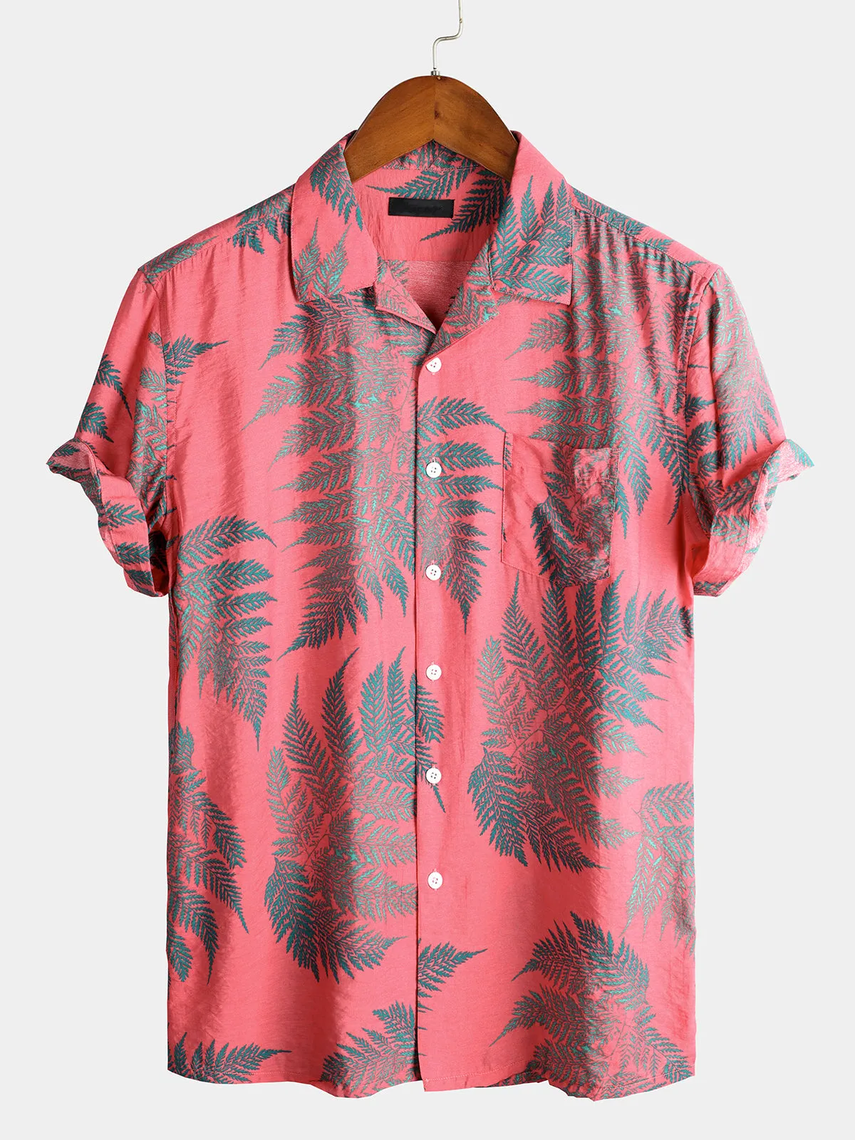 Men's Tropical Leaf Print Hawaiian Pocket Short Sleeve Shirt