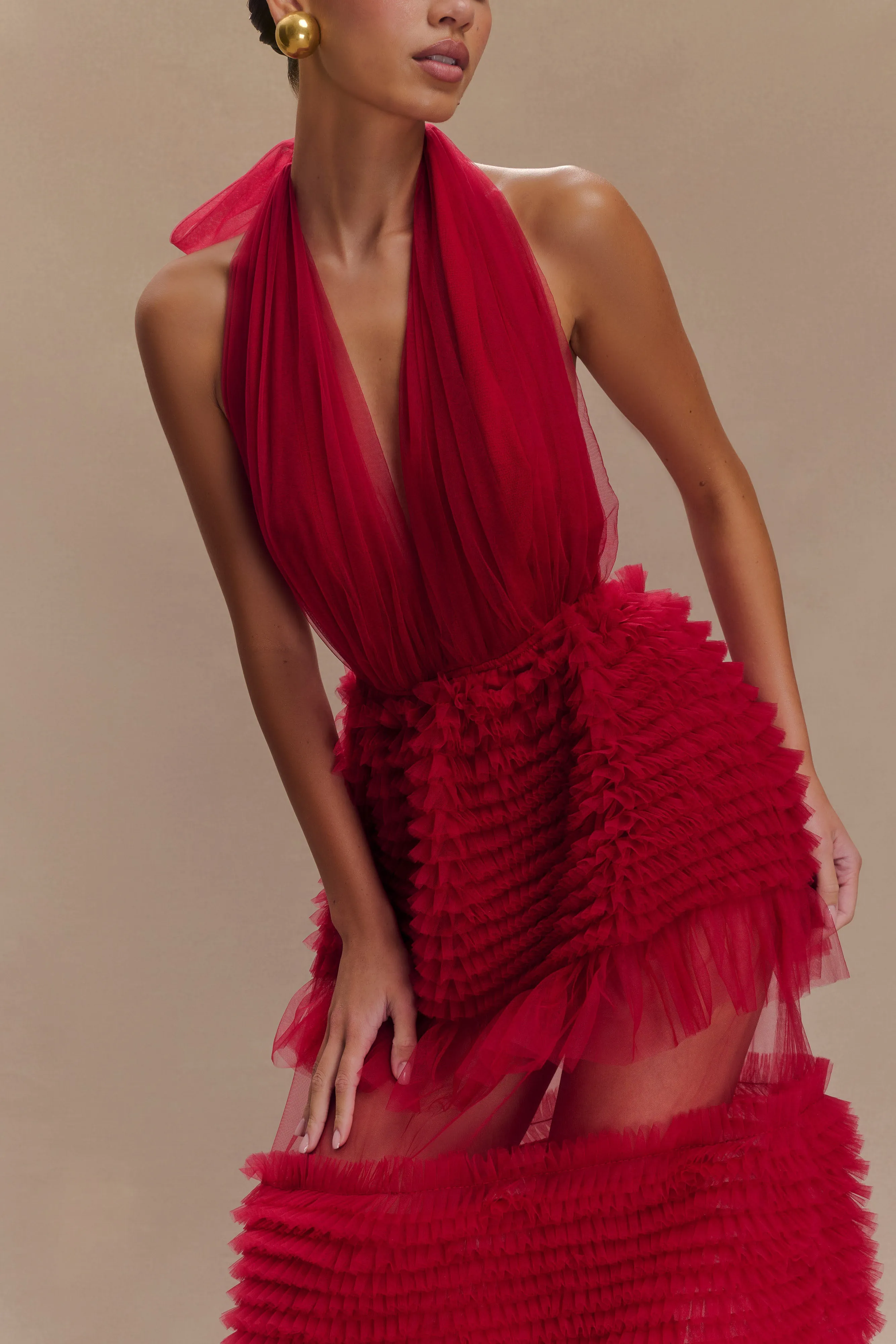 Minka Mesh Ruffle Halter Maxi Dress - Red