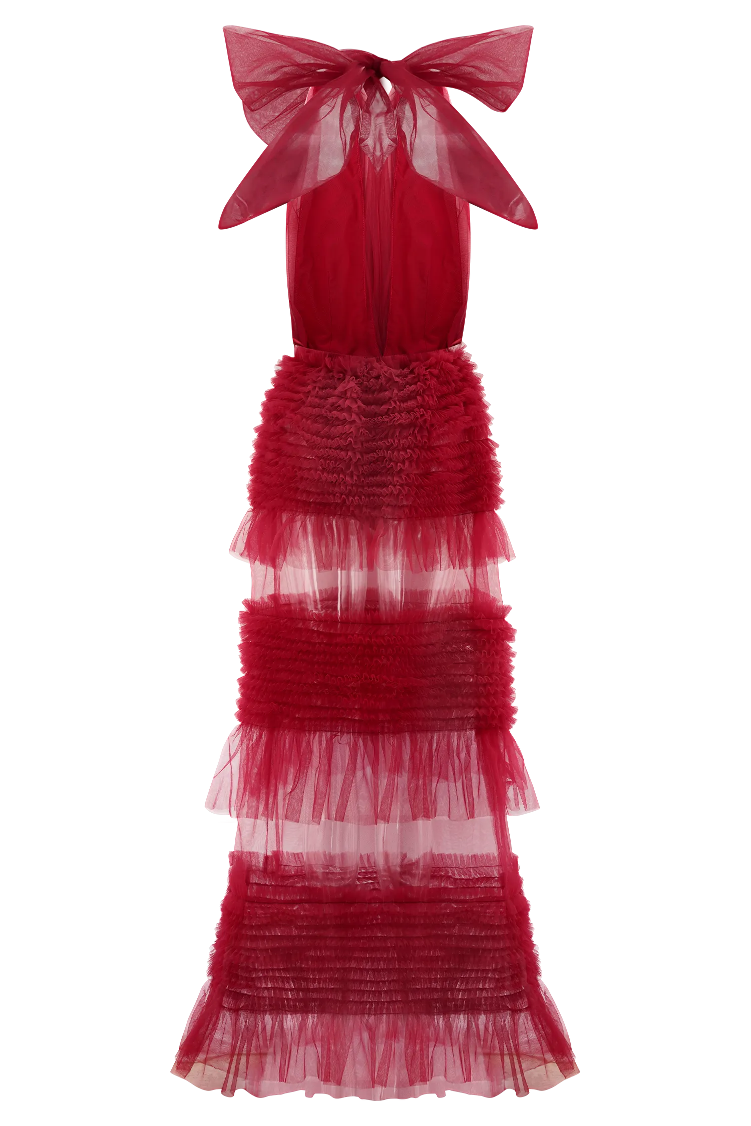 Minka Mesh Ruffle Halter Maxi Dress - Red